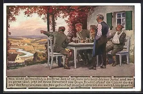 Künstler-AK Paul Hey: Verein für das Deutschtum im Ausland, Soldaten in Uniformen sitzen an einem Tisch mit Bier