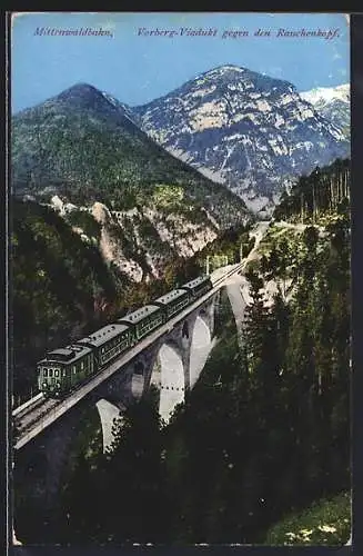 AK Österreichische Karwendelbahn fährt über das Vorberg-Viadukt gegen den Rauchenkopf