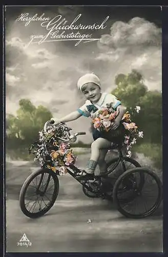 AK Fahrrad mit Knabe und Blumen