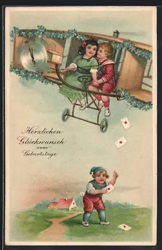 AK Glückwunsch zum Geburtstage, kleines Paar in Flugzeug