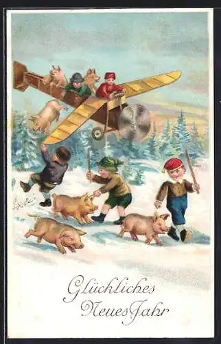 AK Flugzeug mit Kindern und Schweinen