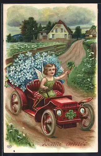 AK Neujahrsengel mit Kleeblatt und Blumen im Auto