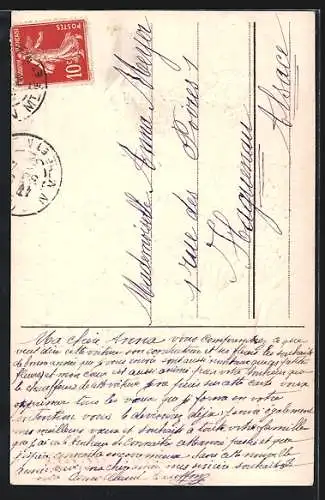 AK Neujahrsengel mit Kleeblatt und Blumen im Auto