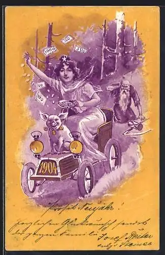 AK Auto mit Dame und Glücksschwein