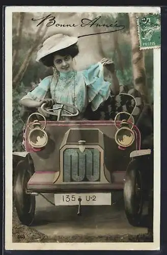 AK Auto mit Dame am Steuer