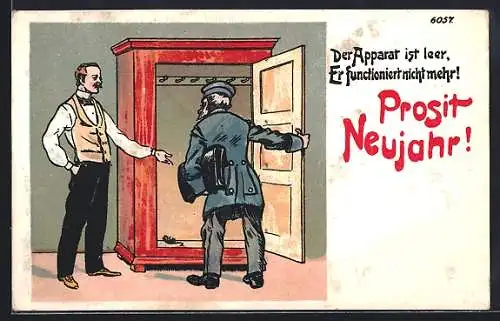 AK Gerichtsvollzieher schaut bei Mann in den Schrank, Neujahrsgruss
