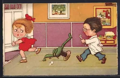 Künstler-AK Sie flüchtet vor der Behandlung, Zahnarzt