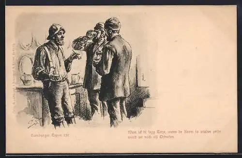 Künstler-AK Hamburg, Drei Männer rauchen und trinken, Hamburger Typen