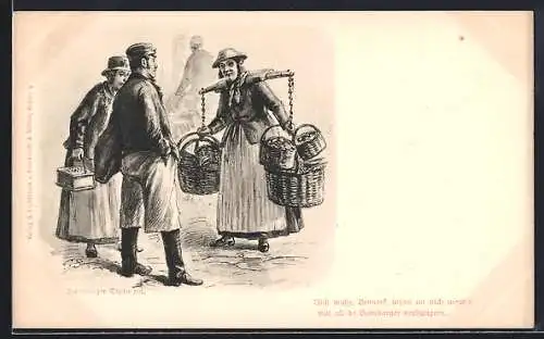 Künstler-AK Hamburg, Paar und Frau mit Körben, Hamburger Typen