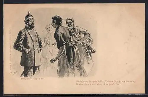 Künstler-AK Hamburg, Frau spricht mit einem Schutzmann, Hamburger Typen