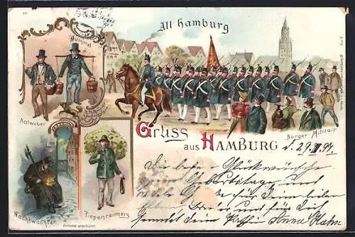 Lithographie Alt-Hamburg, Bürger-Militair, Aalweber und Hummel, Piepenreimers