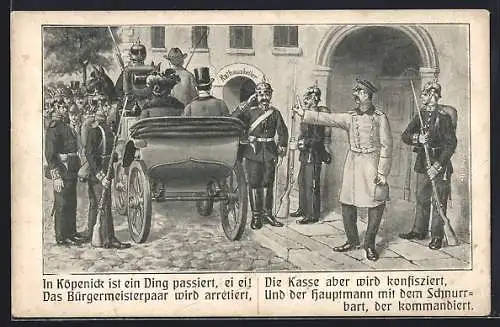 Künstler-AK Berlin, Köpenick, Hauptmann von Köpenick vor dem Gasthaus Rathauskeller