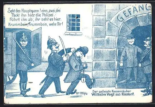 Künstler-AK Berlin, Rixdorf, Der gefasste Kassenräuber Wilhelm Vogt