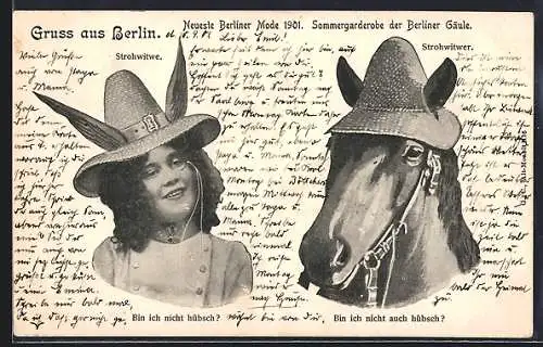 AK Berlin, Neueste Berliner Mode, Sommergarderobe der Berliner Gäule, Strohwitwe und Strohwitwer