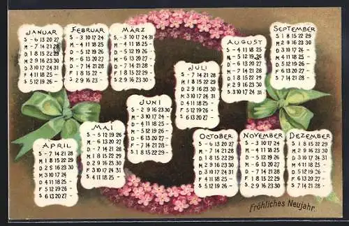 AK Neujahrsgruss mit Kalender und Blumenkranz