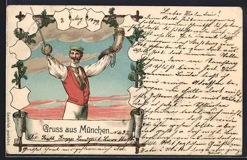 Lithographie München, Student mit Schläger und Horn, studentische Szene