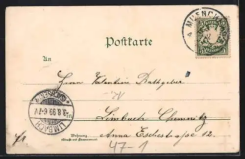Lithographie München, Student mit Schläger und Horn, studentische Szene