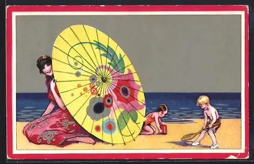 AK Mutter mit bunten Sonnenschirm und Kinder mit Schaufel und Eimer am Strand, Art Deco