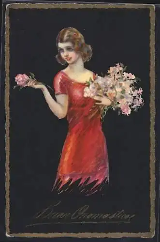 AK Blumenmädchen im roten Kleid bietet eine Rose an, Art Deco