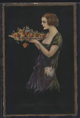 AK Blumenmädchen mit einer Schale voller Rosen, Art Deco