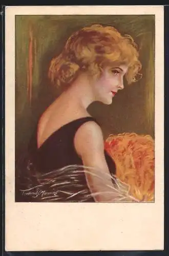 AK Junges Mädchen im Trägerkleid mit Federboa, Portrait, Art Deco