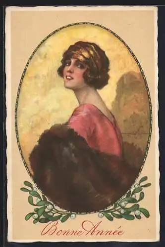 AK Junge Dame mit Pelz und Hut im Ornament-Rahmen, Mistelzweig, Neujahrsgruss