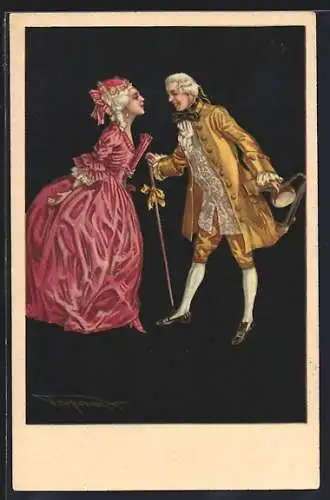 AK Herausgeputzes Rokokopaar begrüsst sich erfreut, Art Deco