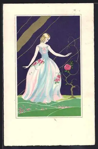 AK Frau im Ballkleid vor einem Rosenstrauch