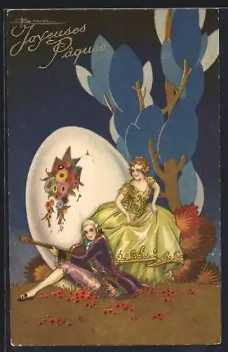 AK Dame im Reifrock und Lautenspieler neben riesigem Ei mit Blumen, Ostergruss, Art Deco