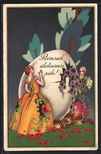 AK Junge Dame im Reifrock und Kavalier spielen Verstecken neben riesigem Ei mit Blumen, Art Deco