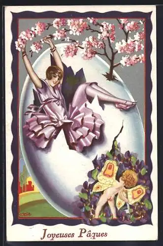 AK Junge Dame im Rüschenkleid hangelt sich an Blütenzweigen aus einem Ei, Elfchen, Ostergruss, Art Deco