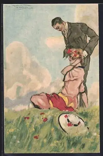 AK Kavalier setzt junger Dame einen Blütenkranz aufs Haar, Art Deco