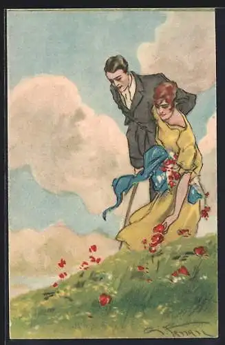 AK Junges Paar beim Blumenpflücken auf einer Wiese, Art Deco