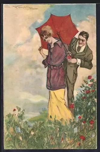 AK Kavalier schenkt junger Dame mit Schirm eine soeben gepflückte Blume, Art Deco