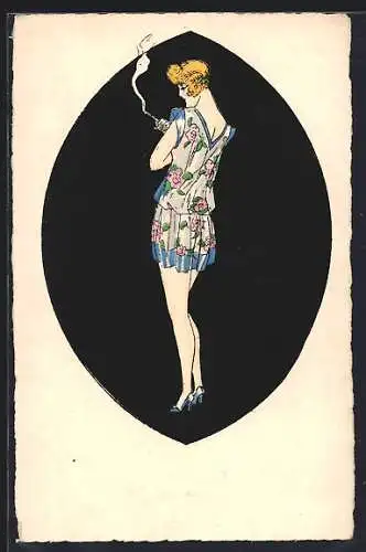 AK Junge Dame in Unterkleidung mit Rosenmuster beim raucht eine Zigarette, Art Deco