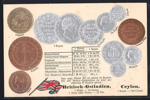 Präge-AK Britisch-Ostindien, Münzen und Flagge, Umrechnungstabelle