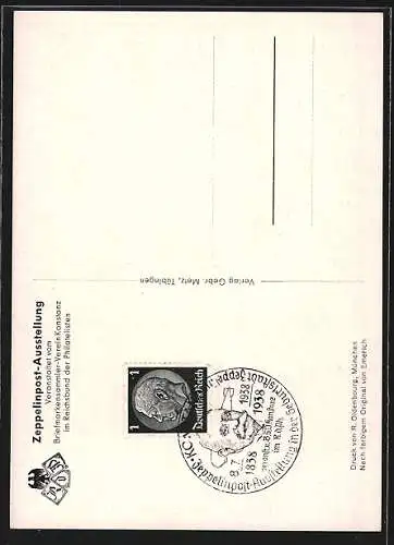 AK Konstanz, Zeppelinpost-Ausstellung, Portrait des Grafen Zeppelin in Uniform, zum 100. Geburtstag, im Juli 1938