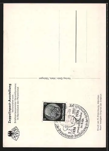 AK Konstanz, Zeppelinpost-Ausstellung, Portrait des Grafen Zeppelin in Uniform, zum 100. Geburtstag, im Juli 1938