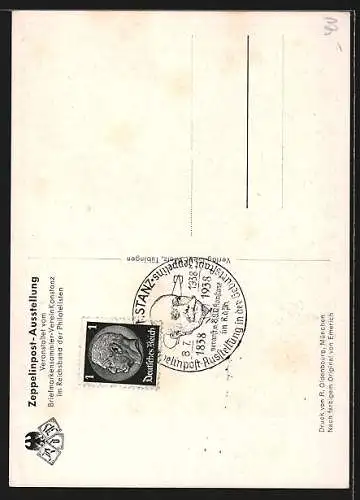 AK Konstanz, Zeppelinpost-Ausstellung, Portrait des Grafen Zeppelin in Uniform, zum 100. Geburtstag, im Juli 1938