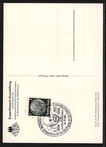 AK Konstanz, Zeppelinpost-Ausstellung, Portrait des Grafen Zeppelin in Uniform, zum 100. Geburtstag, im Juli 1938