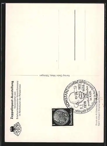 AK Konstanz, Zeppelinpost-Ausstellung, Portrait des Grafen Zeppelin in Uniform, zum 100. Geburtstag, im Juli 1938