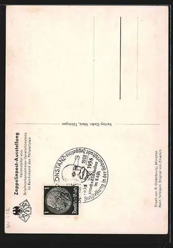 AK Konstanz, Zeppelinpost-Ausstellung, Portrait des Grafen Zeppelin in Uniform, zum 100. Geburtstag, im Juli 1938