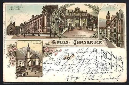 Lithographie Innsbruck, Triumphpforte, Herzog-Friedrichstr., K. K. Hofburg u. Hofkirche, Burggraben