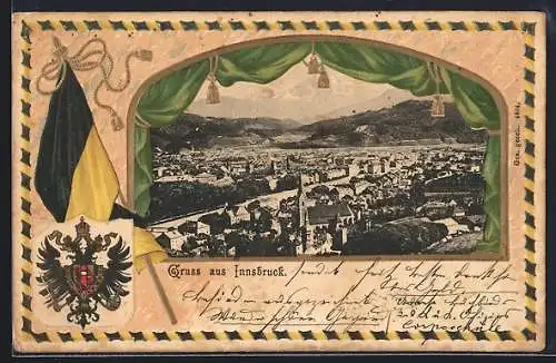Präge-AK Innsbruck, Ortsansicht mit Kirche aus der Vogelschau, Österr. Fahne und Wappen