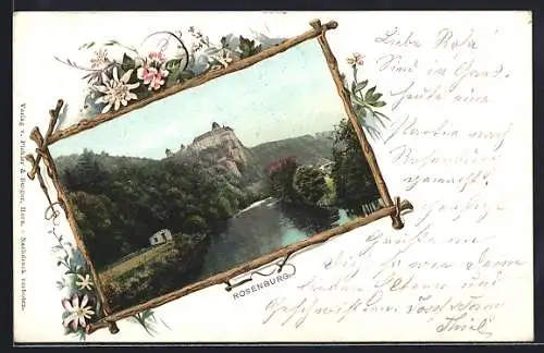 AK Rosenburg, Flusspartie mit Blick zur Burg im Rahmen, Edelweiss
