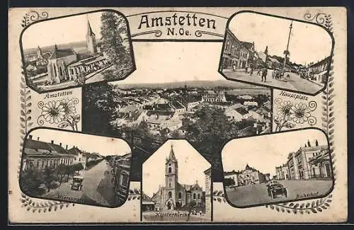 AK Amstetten, Hauptplatz, Bahnhof, Klosterkirche, Wienerstrasse
