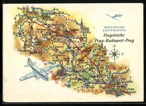 AK Flugstrecke Prag-Budapest-Prag der Deutschen Lufthansa, Flugzeug, Landkarte