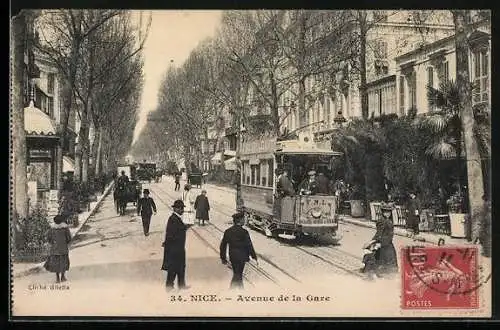 AK Nice, L`Avenue de la Gare, Geschäfte, Strassenbahn
