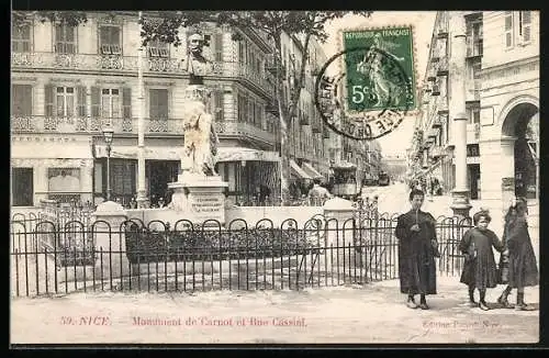 AK Nice, Strassenbahn auf der Rue Cassini, Monument de Carnot