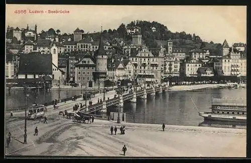 AK Luzern, Strassenbahn auf der Seebrücke